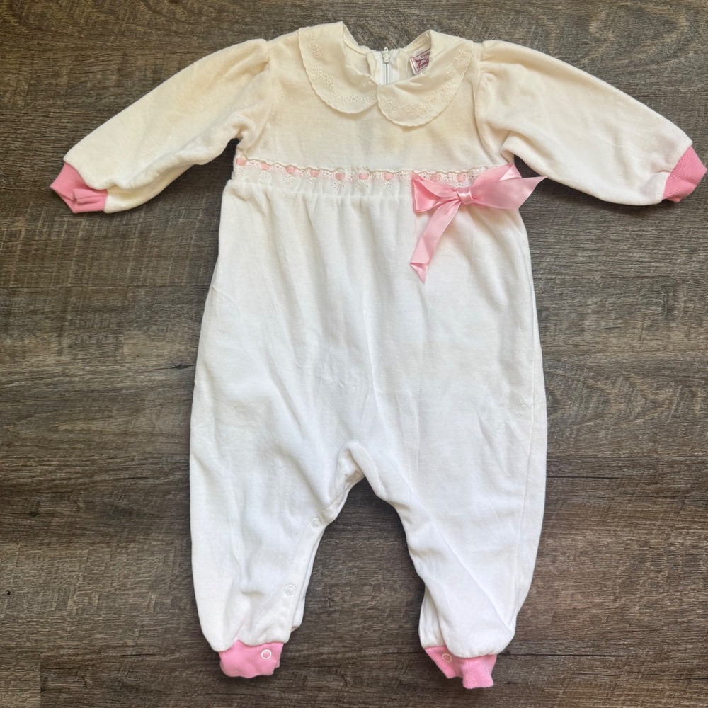 Buster Brown Vintage Velour Romper 18 Months White Pink Bow Peter Pan Collar